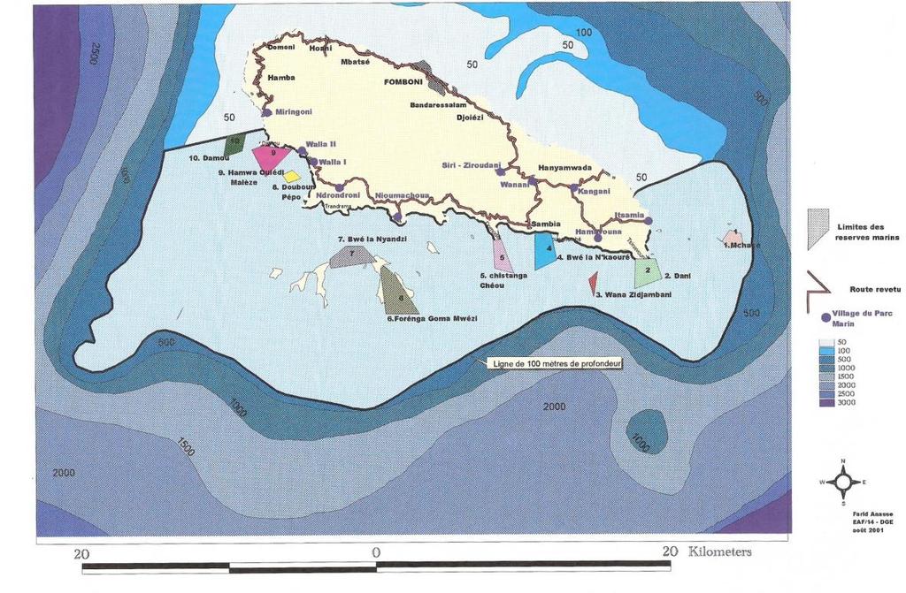 Map 1: Mohéli Island showing the border of the marine park and the special protection zones The southern side of Mohéli is dotted with many small islets (see Figure 2), healthy coral reefs, some