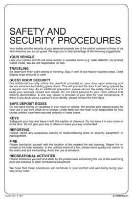 3-1291 - Safety & Security Procedures Card White card, 6" x 9", 500