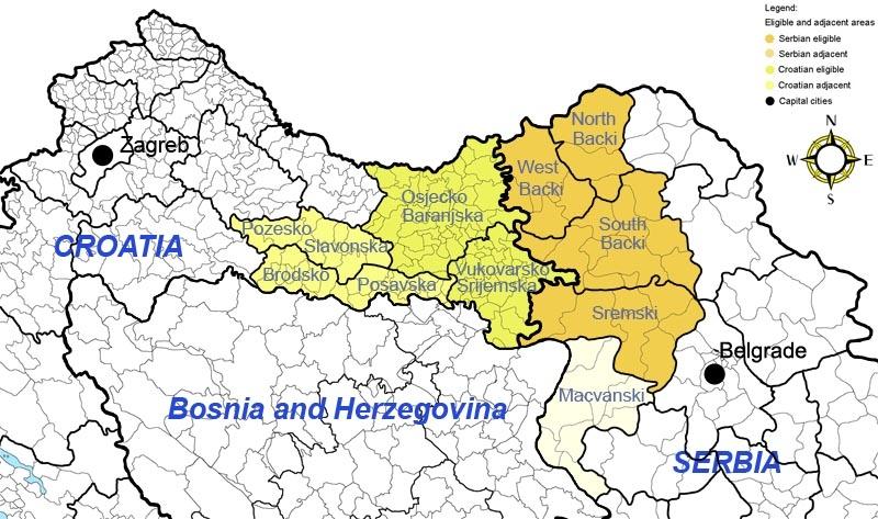 West Bačka plus the North Bačka district. North Bačka does not have a physical border with Croatia but is included as an eligible region because of its large ethnic Croatian minority.