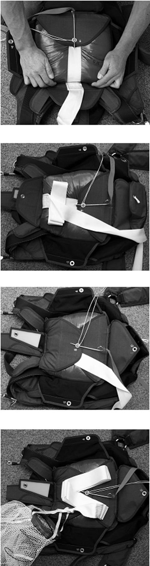 Page: 23 of 65 Carefully stuff the top part of the freebag into the container. The pilot-chute bridle of the freebag should be folded under the second flap (2) in 5 to 6 medium-size S-folds.