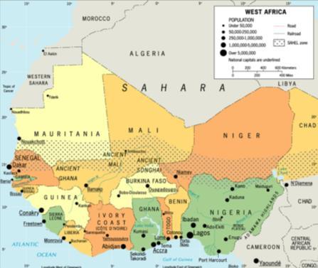 West Africa West Africa West of Lake Chad, south of Algeria-Libya Numerous