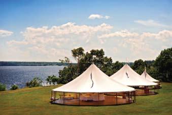 46 Round The 46-foot tent can accommodate 80 guests at 5-foot round tables of eight guests, however, most events need space for other items such as a dance floor, catering tables or bars, so seating