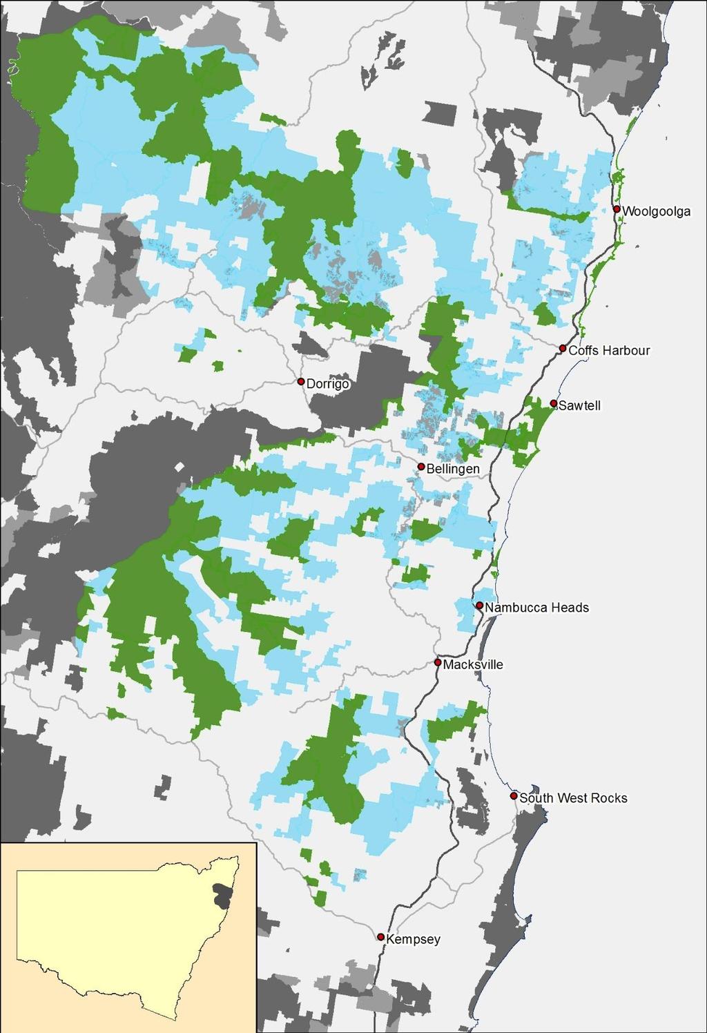 Figure 4: Map of the proposed Great Koala National Park (GKNP) boundaries (green and blue polygons). Green polygons are existing conservation reserves and blue polygons State Forests.