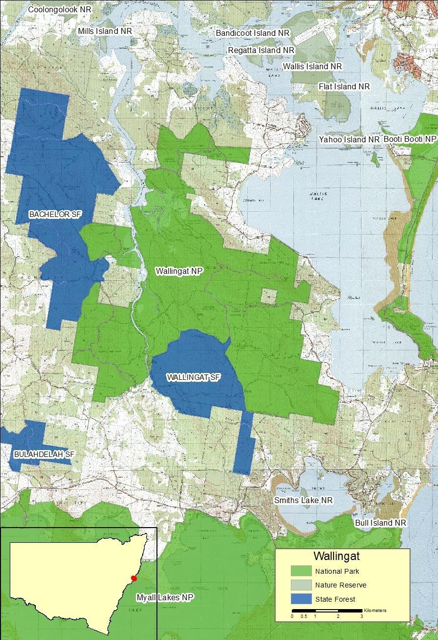 Figure 9: Map illustrating the Bachelor and Wallingat State Forests (blue