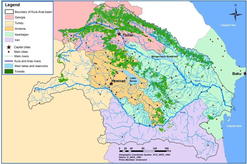 2 GEOGRAPHICAL SITUATION 2.1 Basin Description The Kura Ara(k)s River Basin covers 190,190 km 2 and is shared by 5 countries, as indicated in Table 2.1. The basin share of the UNDP/GEF Kura Ara(k)s project countries Armenia, Azerbaijan and Georgia is 65.