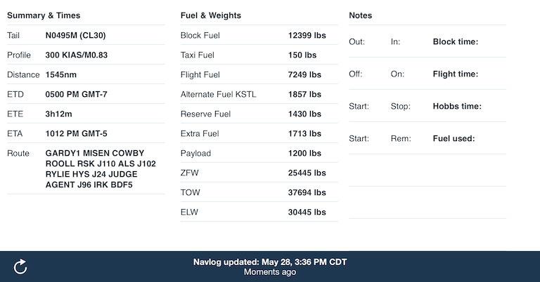 The bottom of the Navlog contains additional summaries of times, fuel, and weights, and also includes a section to record actual performance results for the flight.
