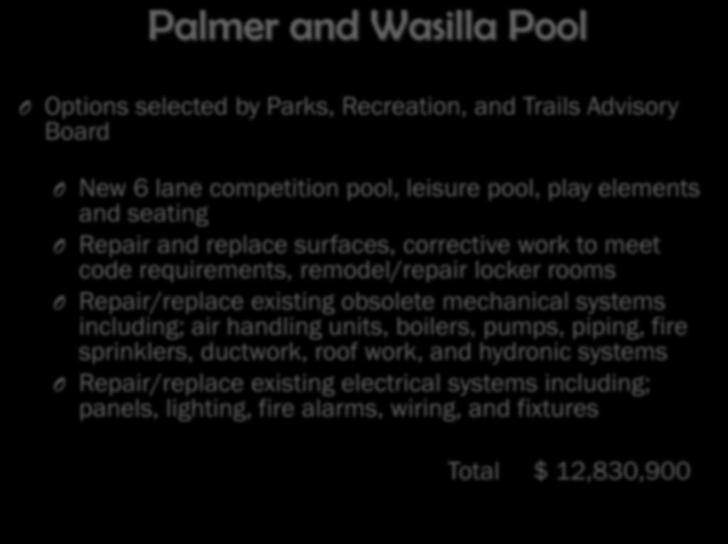 Palmer and Wasilla Pool O Options selected by Parks, Recreation, and Trails Advisory Board O New 6 lane competition pool, leisure pool, play elements and seating O Repair and replace surfaces,