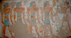 In Chamber I, the side walls are decorated with nearly identical simply-composed, pendant scenes, each depicting the queen offering to the four sons of Horus.