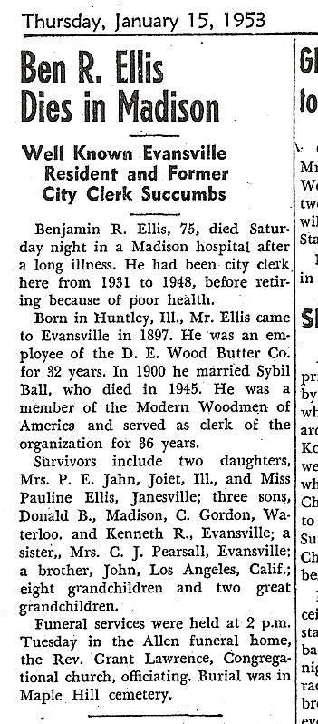 January 15, 1953, Evansville Review, Evansville, Wisconsin Maple Hill Cemetery index for the Sawtell addition, block 3, lot 66, graves 5-7, Thank you for the
