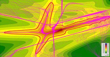 Naturally, SoundPLAN offers the typical approach for noise predictions based on the backbones of idealized flight tracks, which is ideal for future situations.