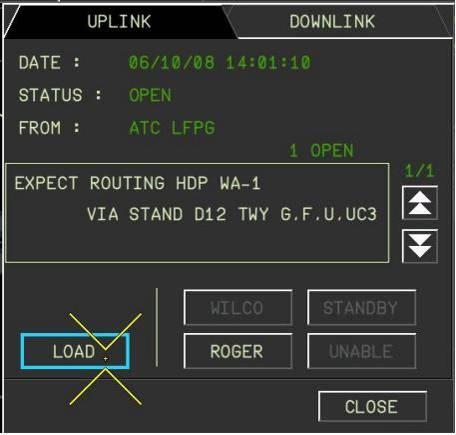 [1] [2] Figure 5-5: The CPDLC UPLINK HMI This menu displays the current controller instruction ([1] Figure 5-5) and furnishes the pilots with interactive buttons to treat the information.