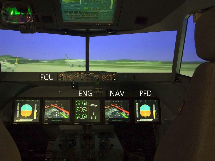 Figure 2-2: PFD, NAV, ENG and FCU in GECO The GECO is part of an integrated network; it can be used in co-operation with other simulation platforms e.g. Apron & Tower Simulator (ATS) or Air Traffic Management and Operations Simulator (ATMOS).