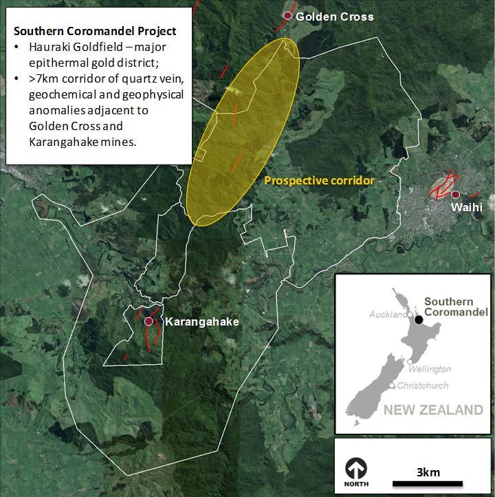 Southern Coromandel Project, New Zealand Newcrest has also signed a farm-in agreement with Laneway Resources on their Southern Coromandel Project located within the Hauraki Goldfield, North Island,