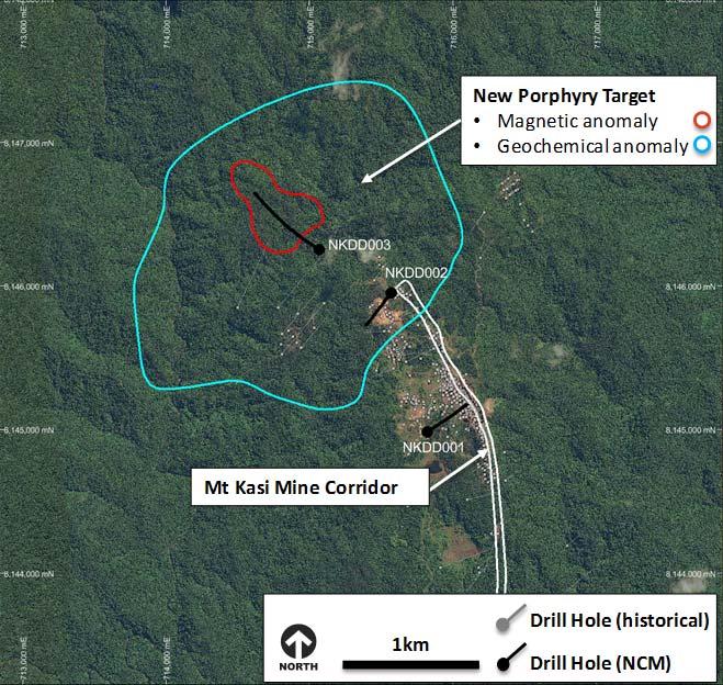 Existing Projects Wailevu West (Mt Kasi), Fiji (100%) Drill testing of a porphyry target located immediately West North-West of the Mt Kasi historic mine corridor identified a new zone of porphyry