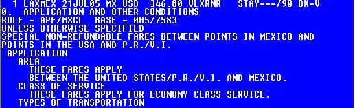 Input: $V3/0 Here is a standard contract rules text: On the fourth line of the display, the word RULE is followed by APF (Agency Private Fares) and the contract rule ID (AS20).