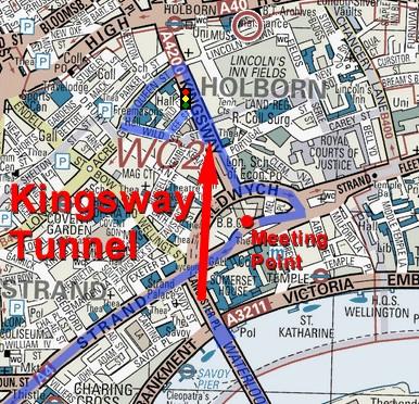 Through Kingsway Tunnel to Kingsway Turnaround POSTCODE: WC2B 4BA to Aldwych Meeting Point POSTCODE: WC2B 4LG On Waterloo Bridge stay in the right-hand lane and enter the Kingsway Tunnel.