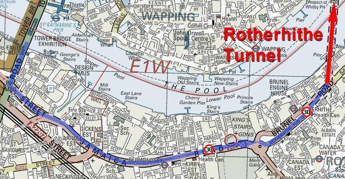 Jamaica Rd POSTCODE: SE16 4RS through Rotherhithe Tunnel to Butcher Row POSTCODE: E1W 3HF Cross Tower Bridge and turn left at the second lights