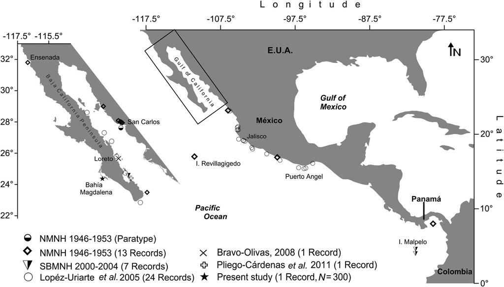 96 AMERICAN MALACOLOGICAL BULLETIN 31 1 2013 Figure 1. Octopus hubbsorum: Distribution on the Pacific coast of Mexico, including the Gulf of California. The star indicates the sampling zone for O.