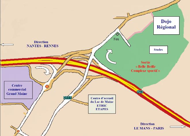 2nd and 3rd roundabouts turn left Go over the highway 1st traffic light, turn right: Centre Régional de Judo Coming