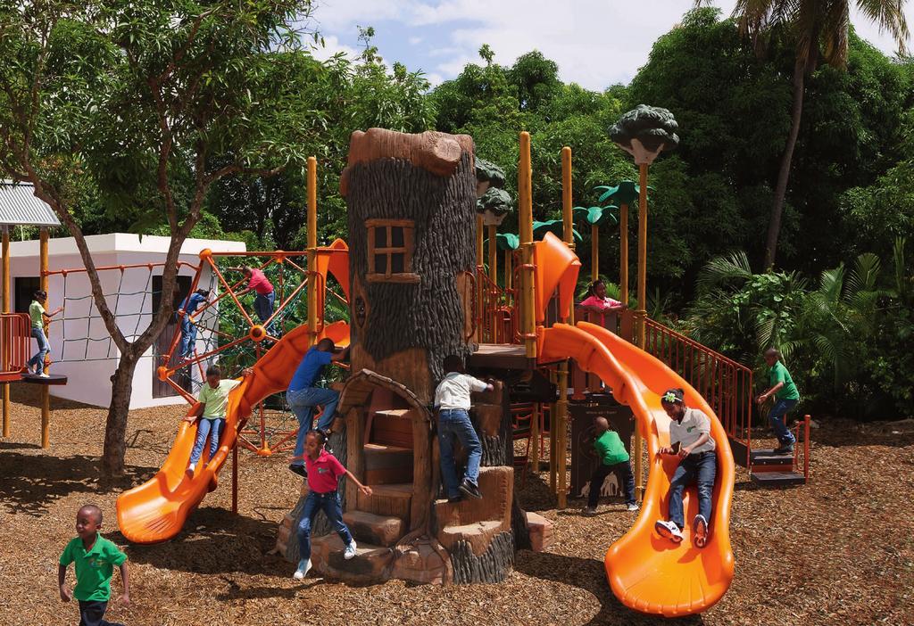 Tree Fort Ages 5-12 Themed playspace with realistic tree cadres and other themed elements lets kids pretend they are exploring a tree fort. Space Required: 76 3 x 65 (23,24m x 19,81m) 500-1350 B. A. C.