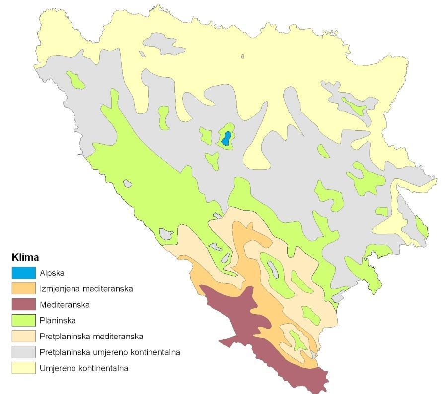 Slika 3.2.1. Klimatski pojasevi u BiH 1 3.2.2. Klimatske karakteristike Grada Mostara Grad Mostar se nalazi na južnom dijelu Bosne i Hercegovine.