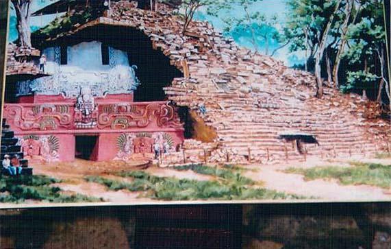 Hram Rosalila u perfektnom stanju ispod piramide, Copan, Honduras Hramovi su obicno bili unistavani da bi slijedeci vladari podizali nove hramove na njihovim rusevinama.