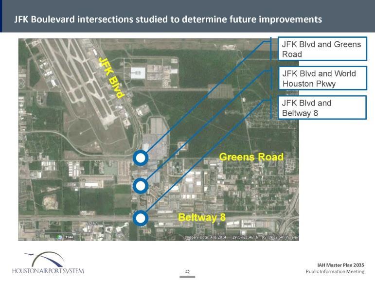 ROADWAY RECOMMENDATIONS JFK Blvd intersections studied to determine future improvements JFK Blvd and Greens Road JFK Blvd and World Houston Parkway JFK