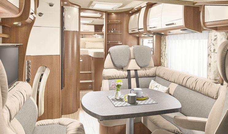 Floor plan family 4: T 149, T 150 c-tourer T 149 Living: + L-shaped lounge seating group with side seat bench (optional 5th belted place) + TFT pull-out system behind the side seat bench backrest +
