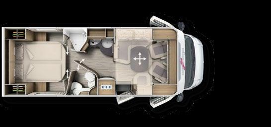 Floor plan family 4: T 149, T 150 c-tourer T 150 Living: + L-shaped lounge seating group with side seat bench (optional: 5th belted place) + TFT pull-out system behind the side seat bench backrest +