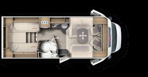 Floor plan family 5: T 145 H, T 148 H c-tourer T 148 H Living: + Floor plan with large lounge seating group + L-shaped lounge seating group with extra long side seat bench (optional 5th belted place)