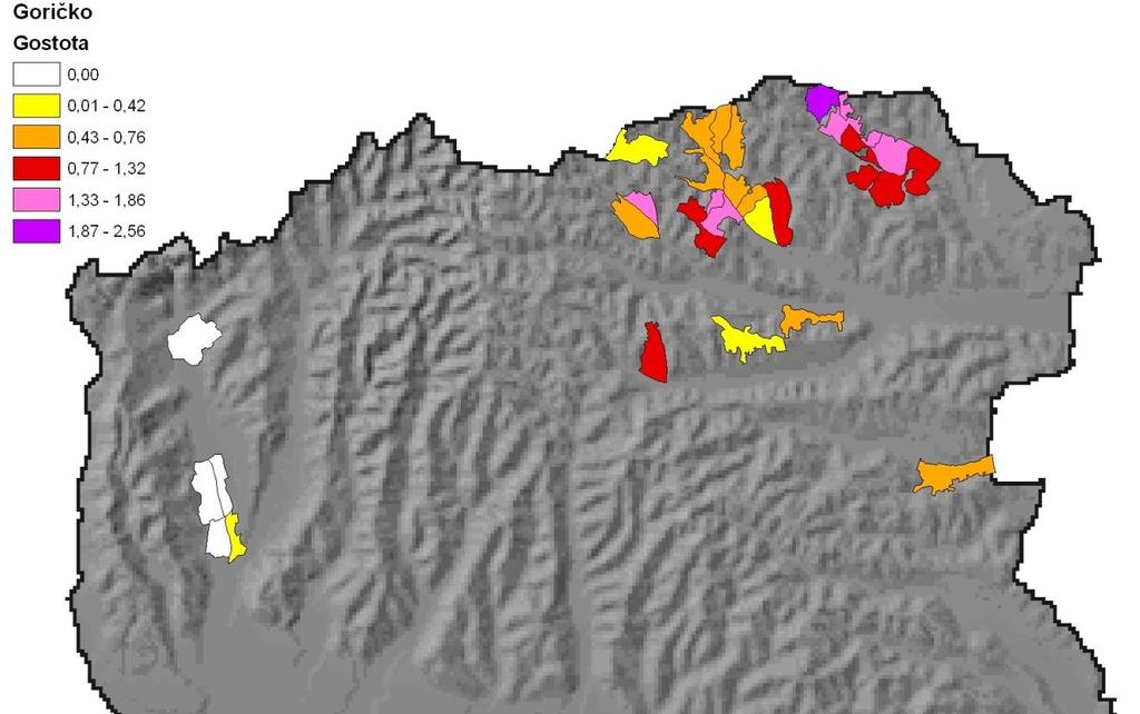 % Slika 2: Prikaz izračunanih gnezditvenih gostot rjavega srakoperja (pari / 10 ha) na izbranih ploskvah na Goričkem 2014.