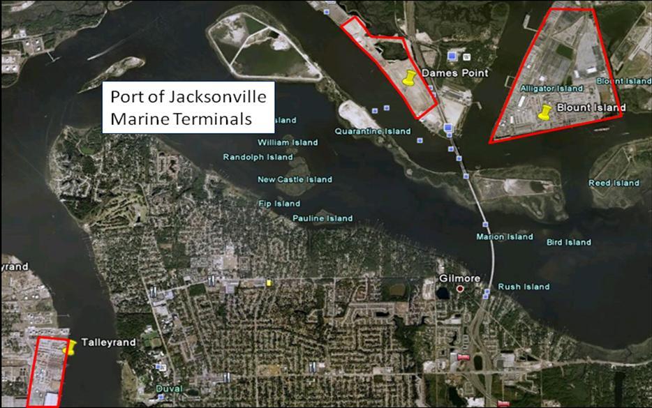 acres allocated to its container operation. Both Blount Island and Talleyrand are mixed use terminals handling break bulk, liquid bulk, automobiles, and Ro-Ro in addition to containers.