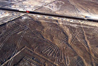20 February 2004 The Panamerican Highway cuts straight through the mysterious figures and geometric shapes of the Nasca Lines near Nasca in southern Peru.