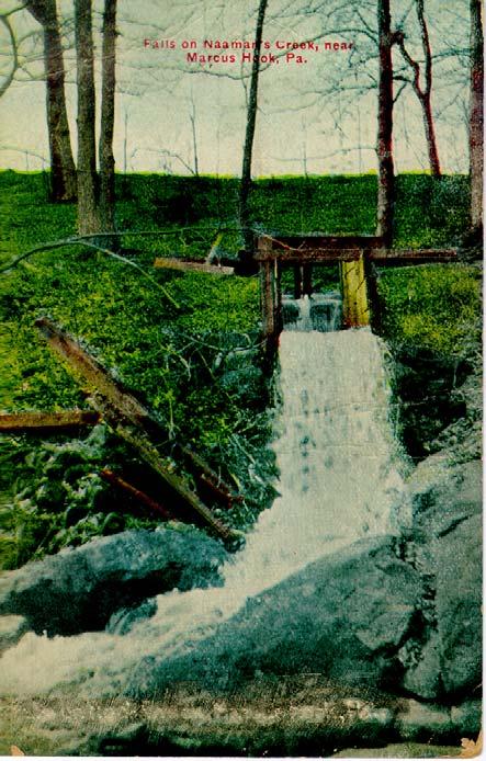 Left: Unique Postcard of the Falls on Naamans Creek near Marcus Hook. PA.