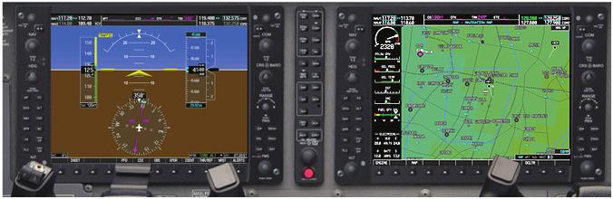 Garmin G1000 Enroute PFD: Active with appropriate nav source (needles) active. MFD: Map page with Traffic Information active.