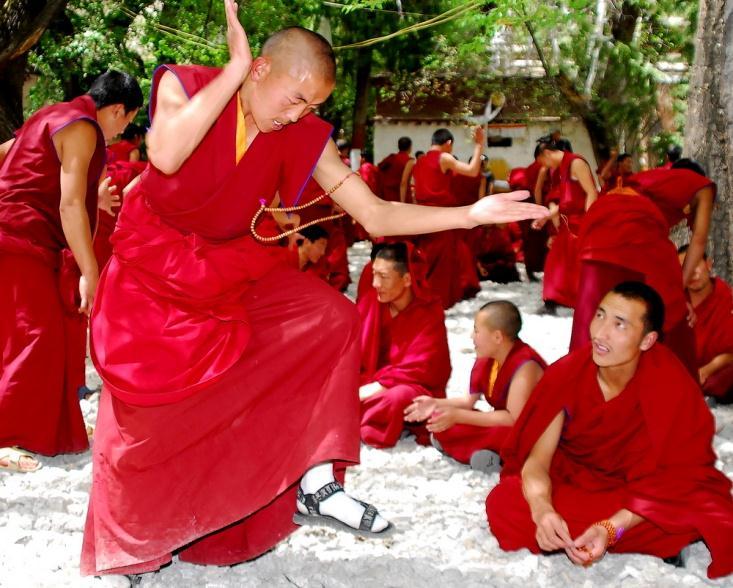 Monks in debate ritual at Sera Monastery in