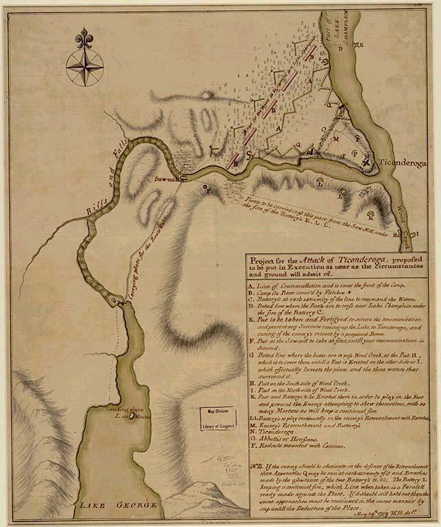 This 1759 manuscript map dating from the era of the French and Indian War, shows a battle plan proposed by the British for their encounter with French troops near Fort Ticonderoga, New York.