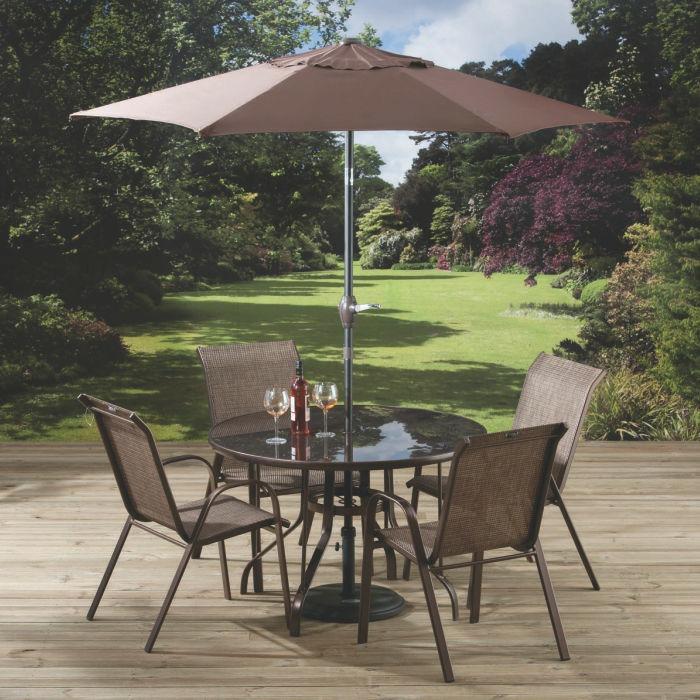 2m, ф38mm Materials Steel Frame, 4x4 Permalene, 5mm Printed Glass Parasol - Aluminium, 160g/m2 Polyester SANTOS 6 SEATER STACKING DINNING SET 399 PRODUCT DETAILS: SANTOS 6 SEATER STACKING SET.