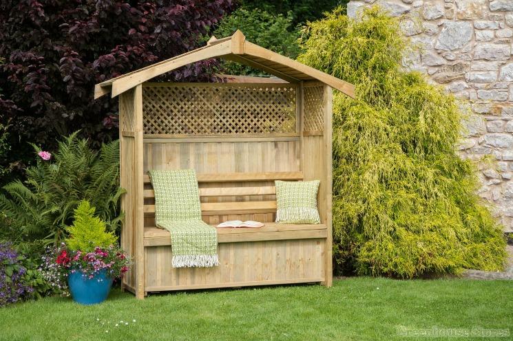 99 The shape of this Cheltenham arbour forms elegant lines, making for a fantastic centre- piece in your garden that is also practical because it has comfortable bench seat and useful storage box.
