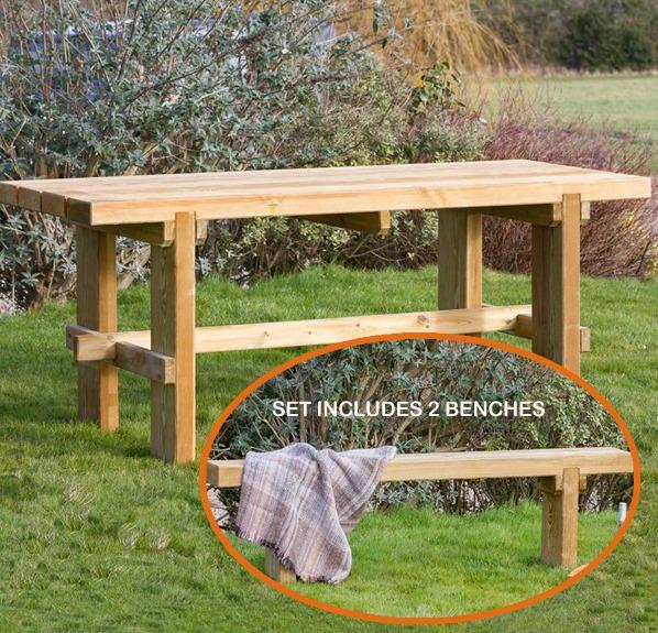 8m (5ft 11ins) Depth: 0.24m (0ft 9ins) Table and Stools Features: Pressure Treated Rot Resistant 10 year guarantee Table Dimensions: Width: 0.52m (1ft 9ins) Depth: 0.