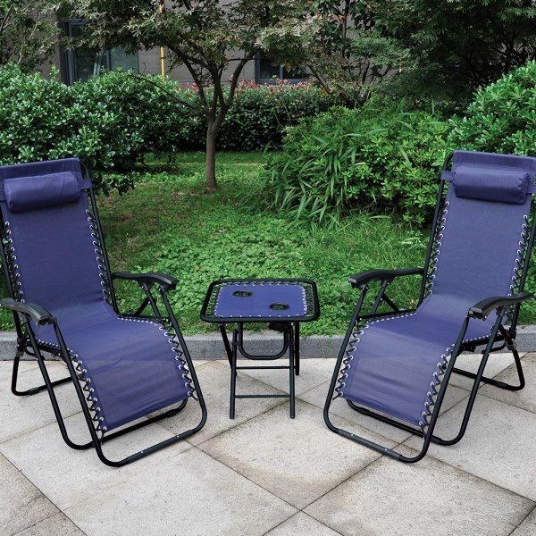 RECLINING CHAIR AND TABLE SET With powder coated steel frame and weather resistant textilene, this anti-gravity table and chair set fully reclines and can be locked at any angle.