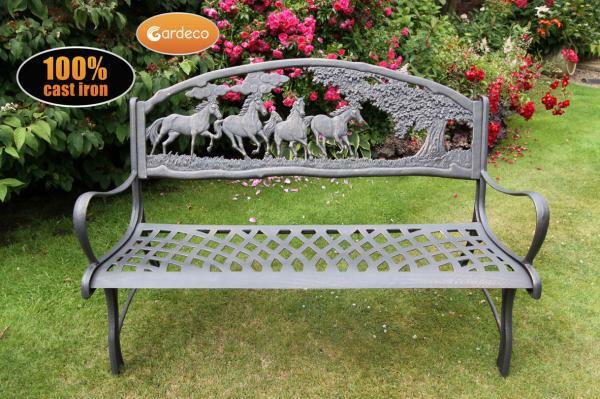 stable and durable Colour is black with bronze patina Size: 127cm W x 68.6cm D x 91.5cm H HORSE BENCH CAST IRON 179.