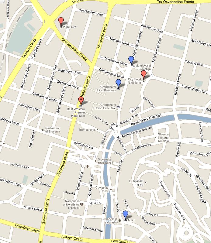 VI. ATTACHMENTS Map of Ljubljana and hotels. Please note: - The venue is Best Western Premier Hotel Slon (marked red and with a dot).