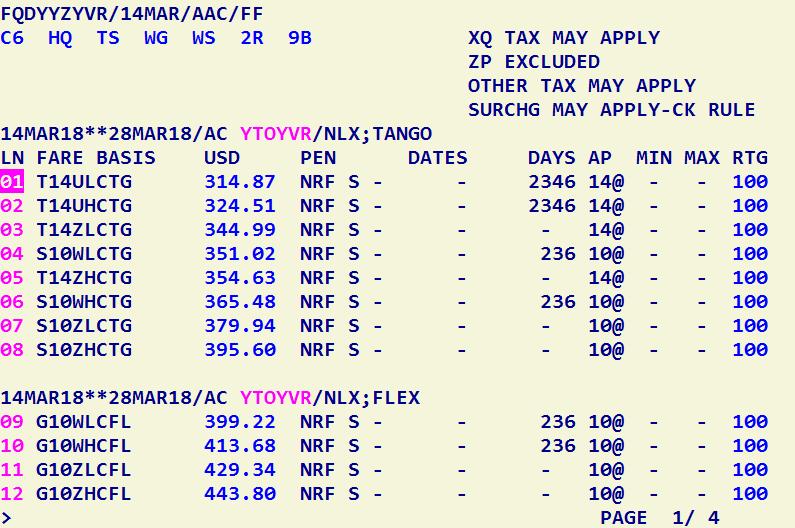 Amadeus Fare and Rule Displays Amadeus fares are displayed low-to-high and categorized by fare brand when using the /FF fare
