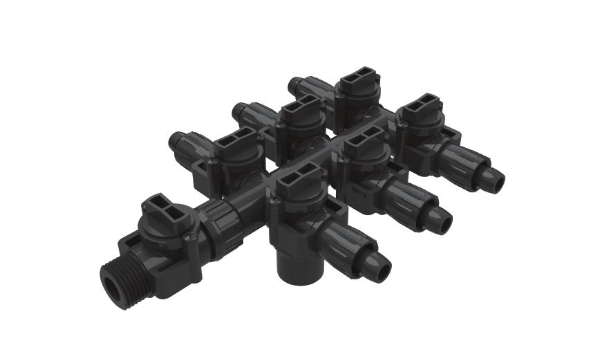 4 Outlets with 4 High Flow Ball Valves Hose Thread Connection Shown with Optional Ball Valve for Flushing 6 OUTLET RV6MHT-V Dual Line Drip + Sprinkler Line