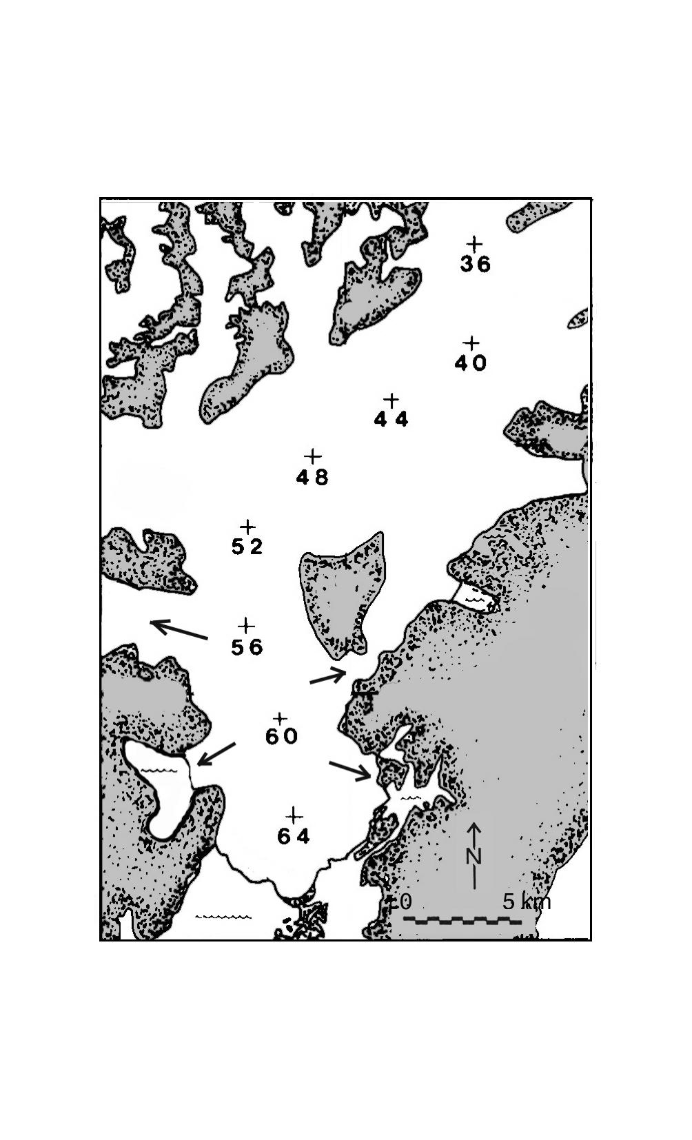 98 Controls on advance of tidewater glaciers Figure 5.14: Map of Columbia Fjord. Numbers indicate the distance from the head of the glacier along the central flow line.