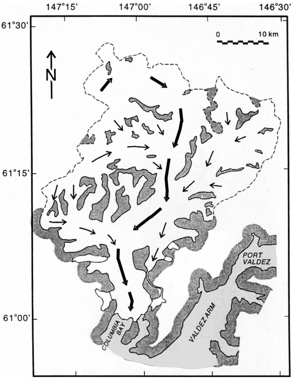 86 Controls on advance of tidewater glaciers Figure 5.3: Map of Columbia Glacier. Dark shading represents exposed rock and light shading indicates open water.