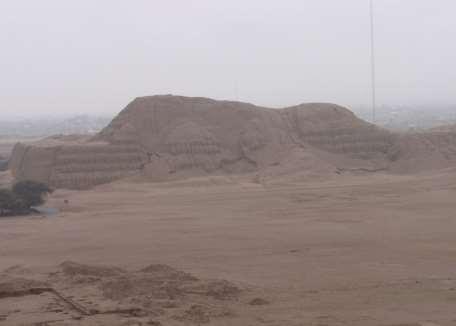 Close-up view of Huaca del Sol. The Huaca del Sol was partially destroyed and looted by Spanish conquistadors in the 17th century, while the Huaca de la Luna was left relatively untouched.