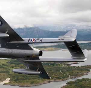 NORWEGIAN VAMPIRES Vampire FB6 SE-DXS of the Royal Norwegian Air Force Historical Squadron airborne near Bodø earlier this year.
