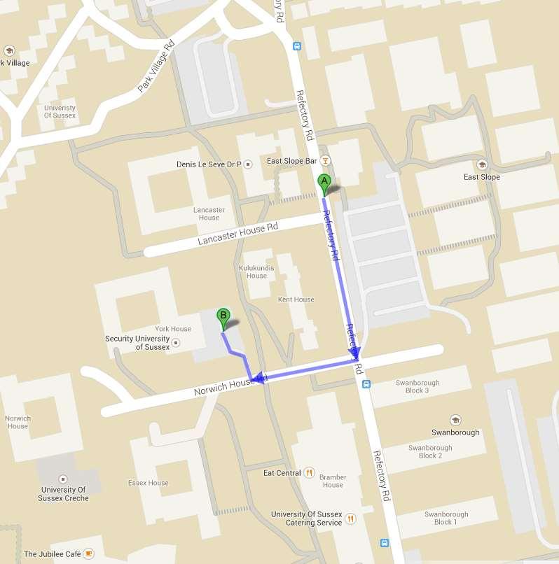 7. Park Village bus stop to York House - Depart bus 25 at Park Village bus stop (A) and walk (2